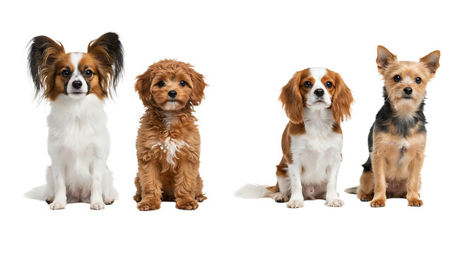 Four Dogs Sitting Side by Side on White Background