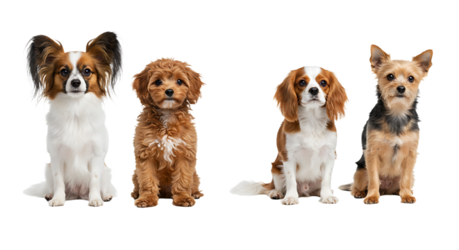 Four Dogs Sitting Side by Side on White Background
