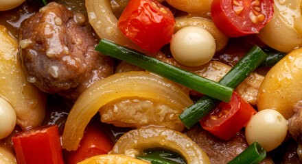 Close-up of delicious braised pork belly with quail eggs. Ready for asian lunar new year, chinese spring festival celebration, family share, top view, macro