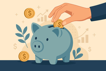 Hand placing coin into piggy bank with financial growth symbols. Vector illustration