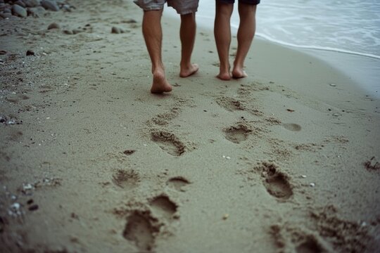 Two people walk along a sandy beach, leaving footprints behind, symbolizing shared moments and quiet companionship.