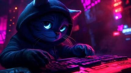 A skilled hacker cat typing away in a dimly lit room