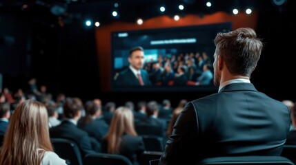 A focused view of a seminar audience watching a speaker as a digital screen behind them displays impactful quotes of motivation and success. The lighting enhances the atmosphere of focus.