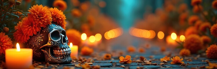Dia de los Muertos celebration. Decorated skull with marigold flowers and candles along dimly lit path. Traditional Day Dead holiday. Festive decor for themed celebrations.