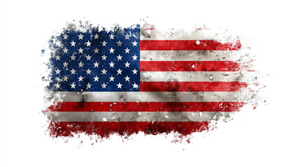Distressed, grunge-style illustration of the American flag with a splatter effect around the edges, isolated on a white background. Represents patriotism, USA, and a textured, dynamic design.