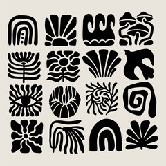 Trendy retro 70s-inspired groovy floral Matisse-style summer elements with leaf shapes, flowers, bird, rainbow, sea and sun , blending modern and organic elements. Vector