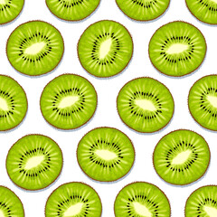 Seamless kiwi pattern. Sliced ​​kiwi on a white background. The design is great for wallpaper, fabric, labels, packaging.