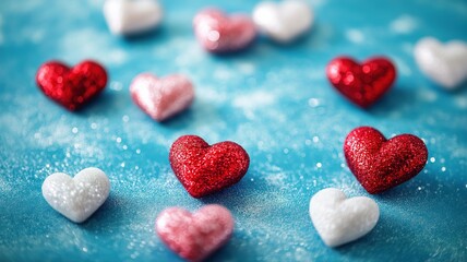 Obraz premium Colorful decorative hearts arranged on a blue background for celebration
