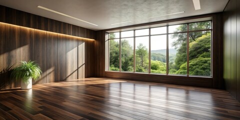 Fototapeta premium Spacious modern room with hardwood floors, wood paneling, and a large window overlooking a lush green landscape