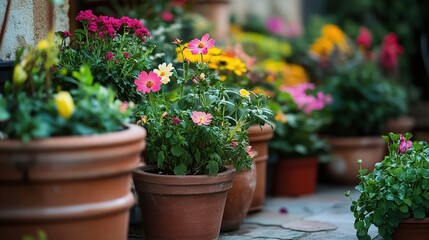 Terracotta flower pots with pink, yellow, and red blooms, lush green foliage background, soft natural lighting creating a warm gardening atmosphere.