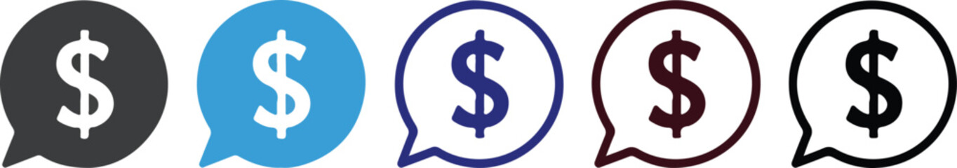  Vector Dollar Icons Inside Speech Bubbles for Use in Digital Financial and Messaging Projects