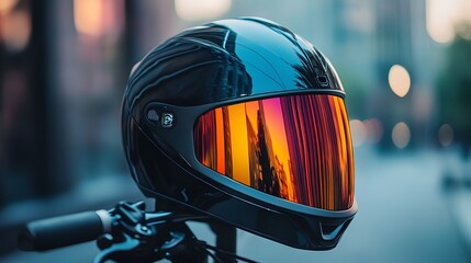 Fototapeta premium Motorcycle Helmet on Handlebar: A sleek, reflective motorcycle helmet rests on the handlebar of a bike, set against a vibrant urban backdrop.