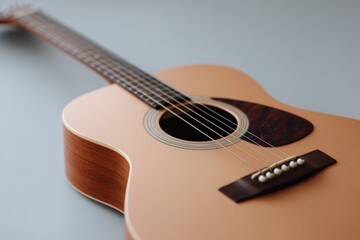 Obraz premium minimalistic scene of elegant acoustic guitar standing against neutral wall