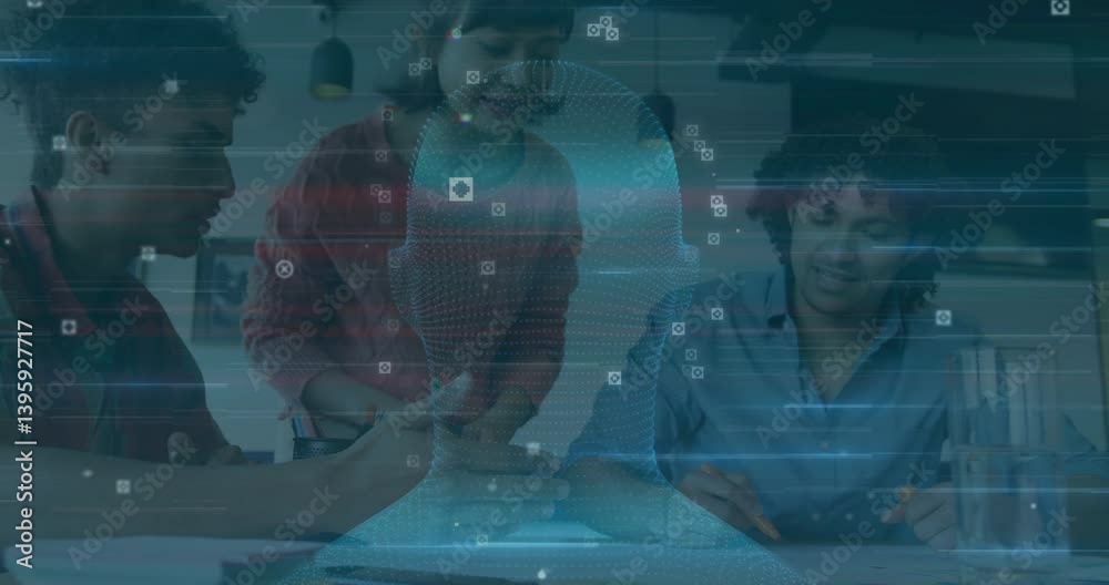 Poster diverse team collaborating on project with digital data processing animation overlay