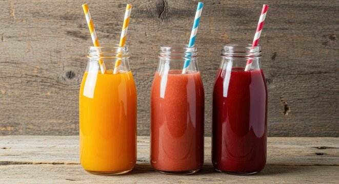 Three glass bottles filled with colorful juices and striped straws on a rustic wooden surface backdrop