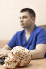 model of a human skull with blood vessels, in the background a doctor man is a blurred silhouette