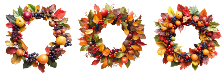 Set of A handmade traditional fall wreath made of autumn leaves, orange lantern flowers, and red berriesb on transparent png background. Ai generated