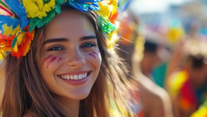 Fototapeta premium Vibrant Carnival Portrait: A Smiling Woman in Festive Attire