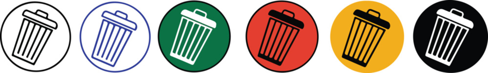  olorful Trash Bin Icons Representing Waste Disposal, Recycling, and Eco-Friendly Designs