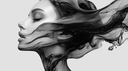 Elegant woman with flowing, dark fabric