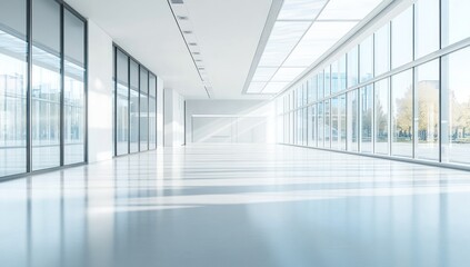 Obraz premium Modern Office Space: Sunlit Interior with City Views