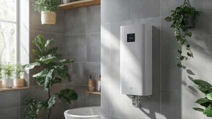 A modern, white electric water heater, wall-mounted in a Scandinavian-style bathroom with gray tiles and wooden elements