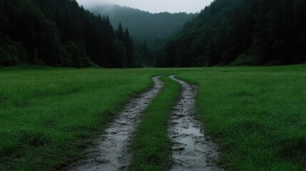 Misty mountain valley with a winding dirt road. Lush green meadow and dark forest