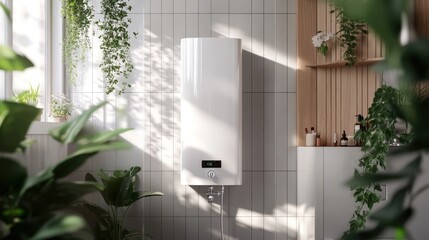 A modern, white electric water heater, wall-mounted in a Scandinavian-style bathroom with gray tiles and wooden elements