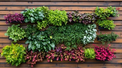 Vertical Garden: A vibrant vertical garden showcasing a diverse arrangement of lush plants, transforming a wooden wall into a stunning display of natural beauty.