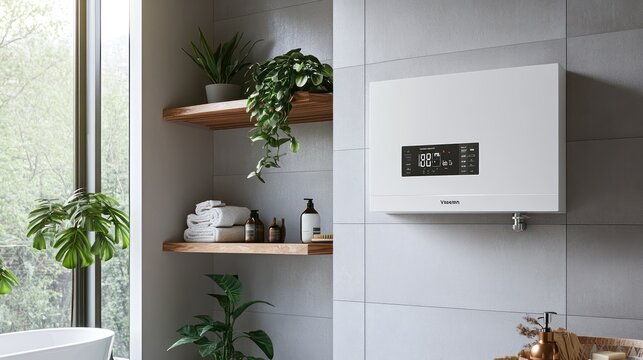 A modern white Viessmann heating boiler mounted on the wall in a Scandinavian-style bathroom.