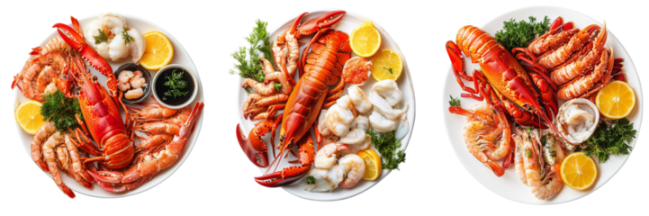 Set of A luxurious seafood feast on a rustic wooden table, featuring freshly boiled lobsters, oysters on ice on transparent png background. Ai generated