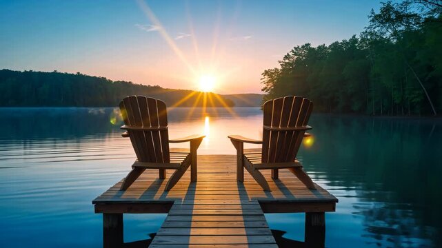 Muskoka chairs placed at the dock's edge overlooking the lake at sunrise.