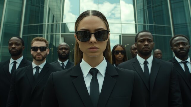 Powerful Woman in Black Suit, Surrounded by Bodyguards in Front of Modern Building