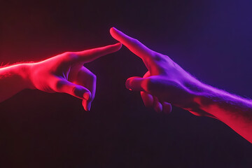 Two hands reaching towards each other, one pointing up and the second finger touching its index finger on top of that hand in an artistic pose.