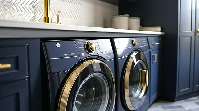 Elegant laundry space featuring a modern washer and dryer on the right side, navy-blue cabinetry, gold hardware, and herringbone tile backsplash adding a luxurious touch