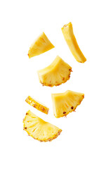 Fresh yellow pineapple slices lying flat and floating in mid-air with juicy texture and clean edges — Isolated Transparent Background