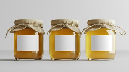 Three Honey Jars with Blank Labels: Rustic Packaging Mockup