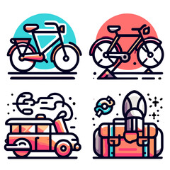 Obraz premium Line Art Travel Icons Featuring Bicycles and Vans 