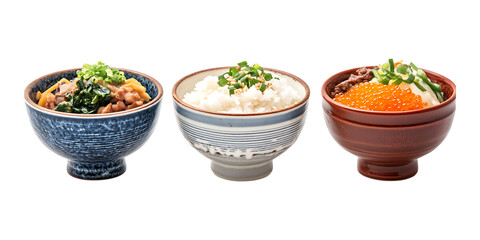 Pack Rice Bowl Set in Different Poses Against Transparent Background for Asian Cuisine, Food Branding, or Culinary Design