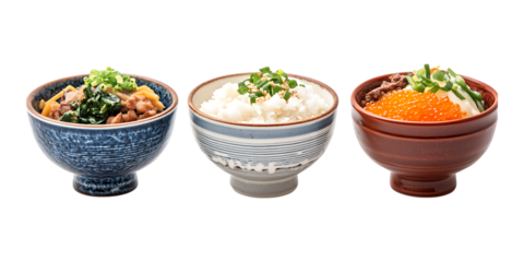 Pack Rice Bowl Set in Different Poses Against Transparent Background for Asian Cuisine, Food Branding, or Culinary Design