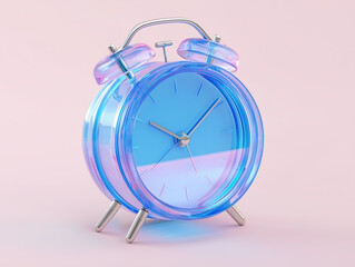 Blue, transparent neon alarm clock in a perspective view on a gradient background. Deadline	