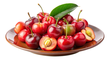 A plate of fresh ripe red cherries with green leaves a delightful summer fruit