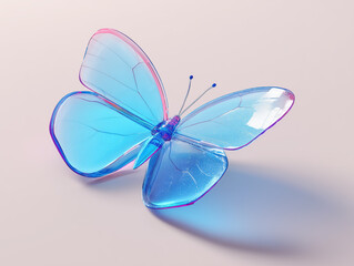 Naklejka premium Blue, transparent neon butterfly in a perspective view on a light background 