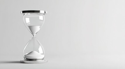 Transparent hourglass with light-colored sand flowing slowly, minimalistic design on solid background, symbolic time concept.