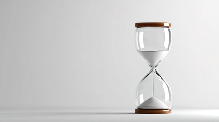 Transparent hourglass with light-colored sand flowing slowly, minimalistic design on solid background, symbolic time concept.