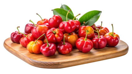 A pile of fresh ripe Acerola cherries on a wooden board with green leaves