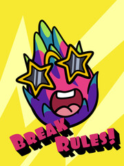 Groovy retro poster with a cool dragon fruit in star glasses and the inscription Break the rules. Vintage funky postcard with a fruit character and bright colors.