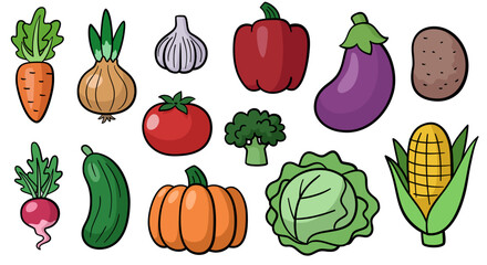 Cartoon vegetables collection. Hand-drawn colorful set with bold black outlines, cute organic food elements, fresh farm garden produce.