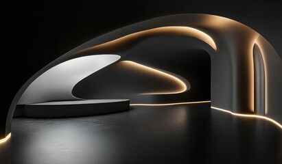 Abstract black interior background with futuristic organic shapes, modern architecture concept
