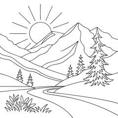 Continuous line drawing of sun and mountain range landscape background	